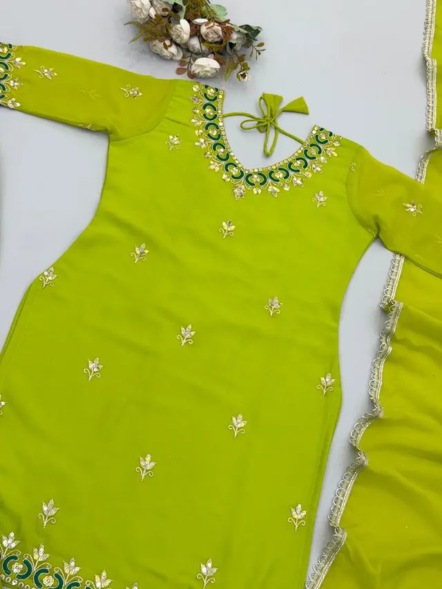 Faux Georgette Embroidered Top & Bottom Set